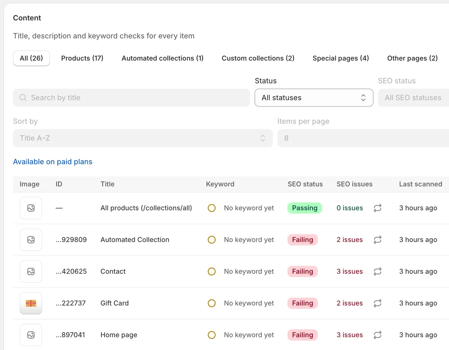 SEO Audits content table with tabs for all items, products, collections, special pages, other pages and blog posts, and a row per item with its keyword, SEO status (Passing or Failing), issue count and last scan time.